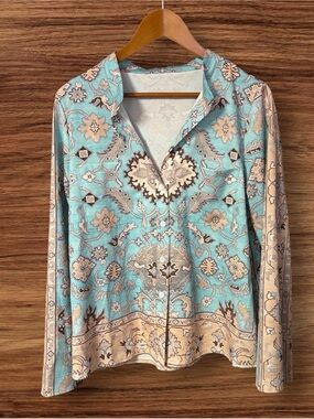 Women’s Turquoise Floral & Paisley Print Button-Down Blouse